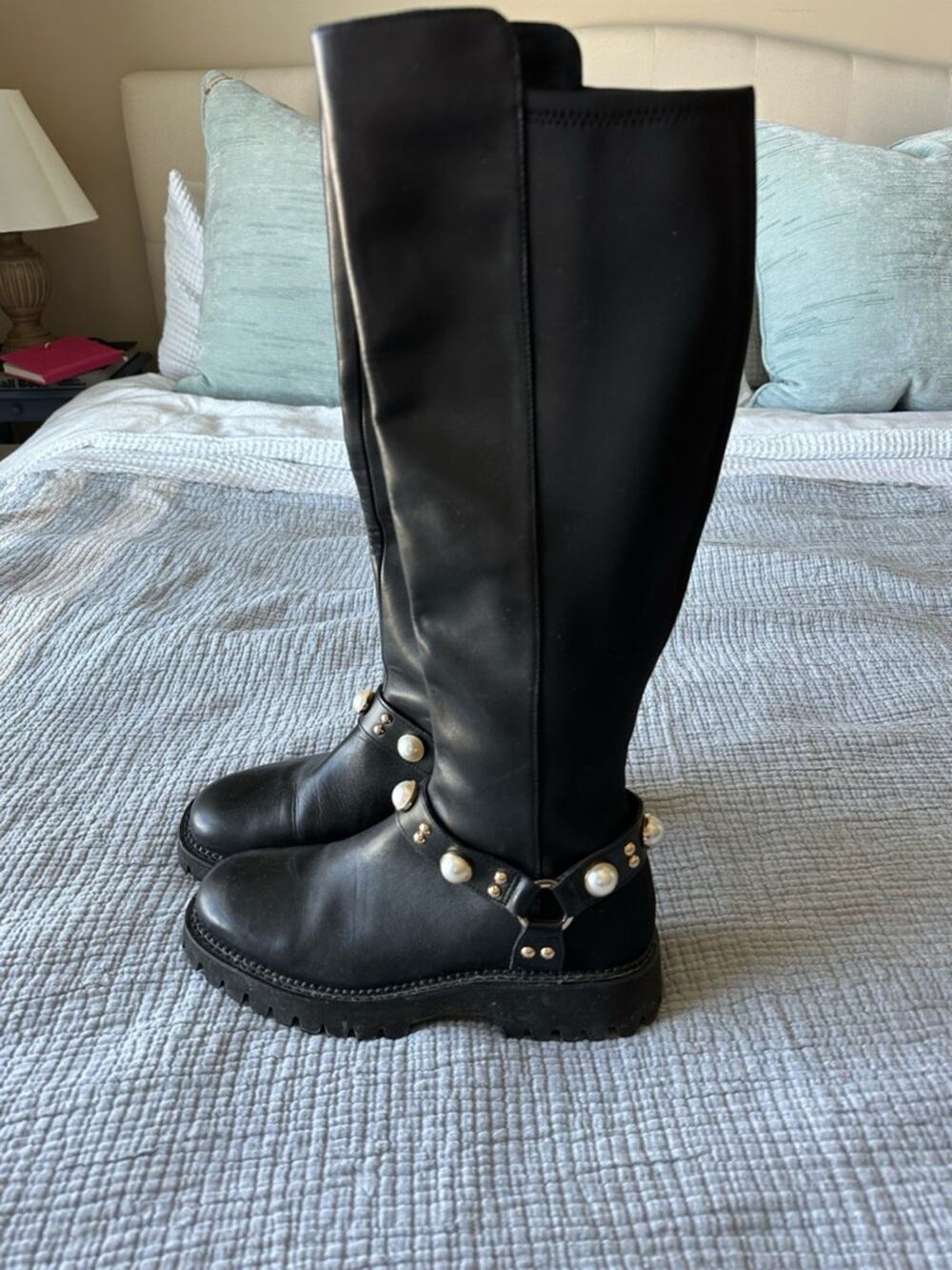 Karl Lagerfeld Paris Knee High Boots Black Leather Studded Pearl Womens 7.5 Lug